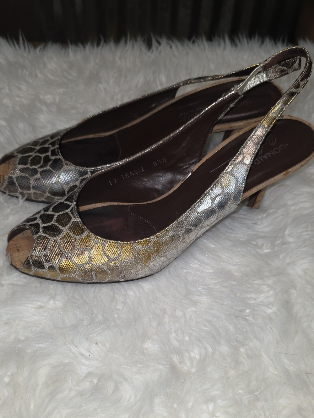 Donald J. Pliner Metallic Gold and Silver Lang Gator Peep-Toe Slingbacks
